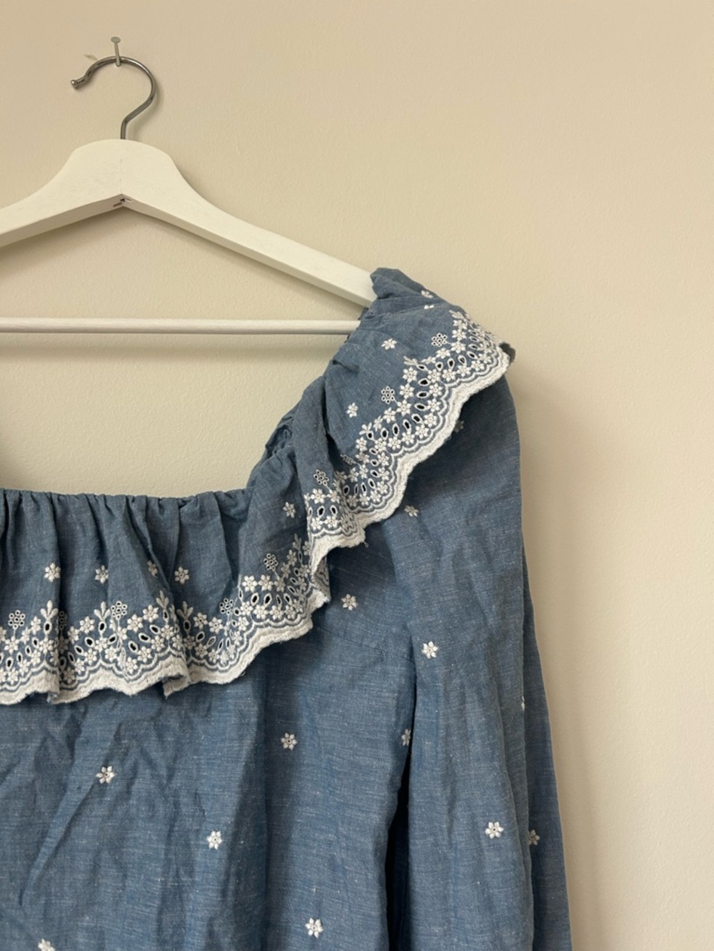 Sezane Francesca Chambray Blouse Blue White Embroidered Off Shoulder Ruffle Top - Picture 5 of 12